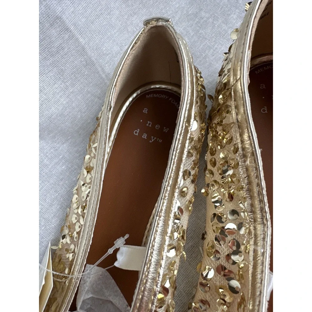A New Day Womens Gold Sequin Ballet Flats‎ Memory Foam Slip On Shoes Size 6 NEW